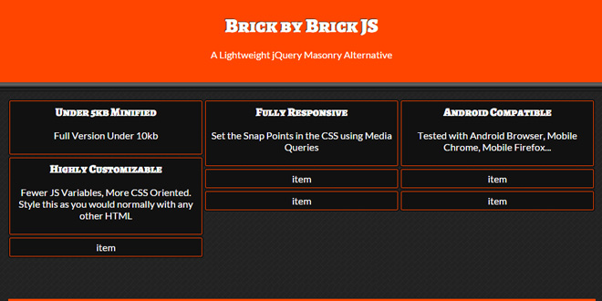 Brick by Brick JS - A Masonry Alternative Page Layout Plugin